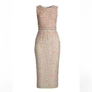 NWOT Mac Duggal Sequin Embroidered High Neck Nude Midi Sheath Dress